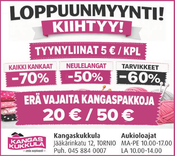 Loppuunmyynti kiihtyy: tyynyliinat 5 euroa kappale, kaikki kankaat -70 prosenttia, neulelangat -50 prosenttia, tarvikkeet -60 prosenttia ja erä vajaita kangaspakkoja 20 tai 50 euroa.