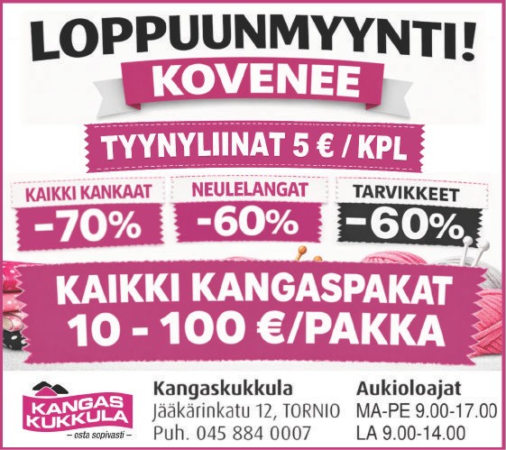 Loppuunmyynti kovenee: tyynyliinat 5 euroa kappale, kaikki kankaat -70 prosenttia, neulelangat -60 prosenttia, tarvikkeet -60 prosenttia ja kangaspakat 10–100 euroa pakka.